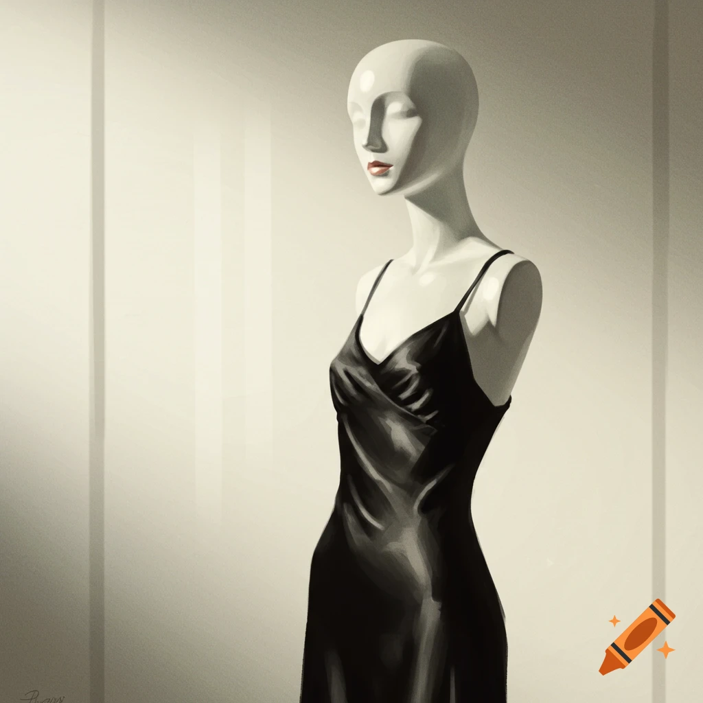 A white mannequin with red lips wearing a black slip dress, depicted in a digital painting style.
