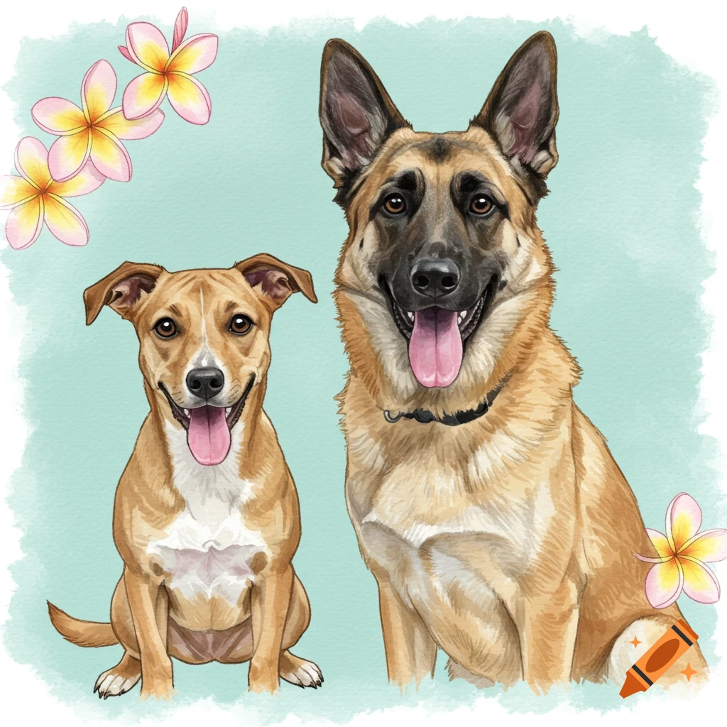 Watercolor portrait of two happy dogs, a tan and white mixed-breed and a German Shepherd mix, on a teal background with plumeria flowers.