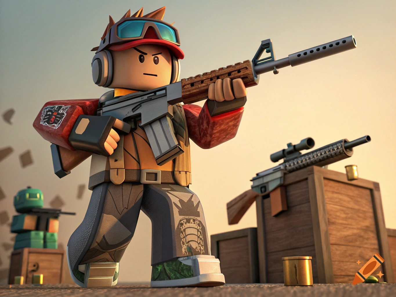 A Roblox-style character in military gear holds a rifle, with other weapons and crates in the background.