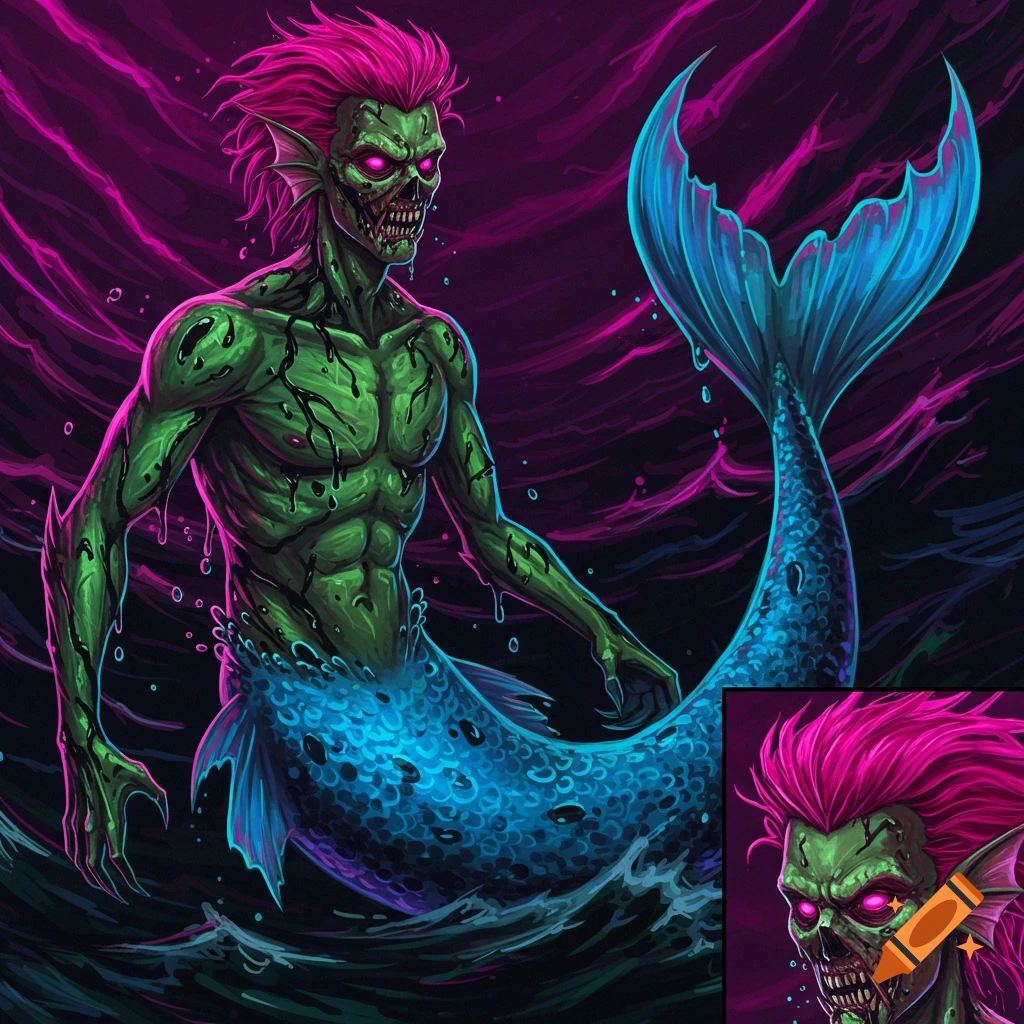 Stylized illustration of a zombie merman with green skin, magenta hair, glowing purple eyes, and a blue scaled tail, emerging from neon-colored water.