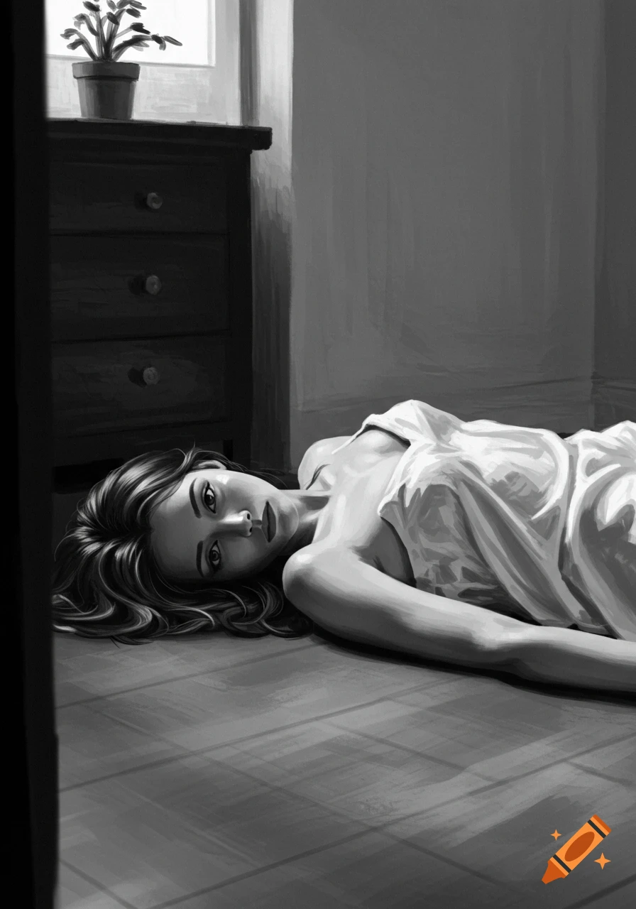 A black and white illustration of a woman in a white dress lying on a wooden floor, looking up at the viewer. A dresser and window are in the background.