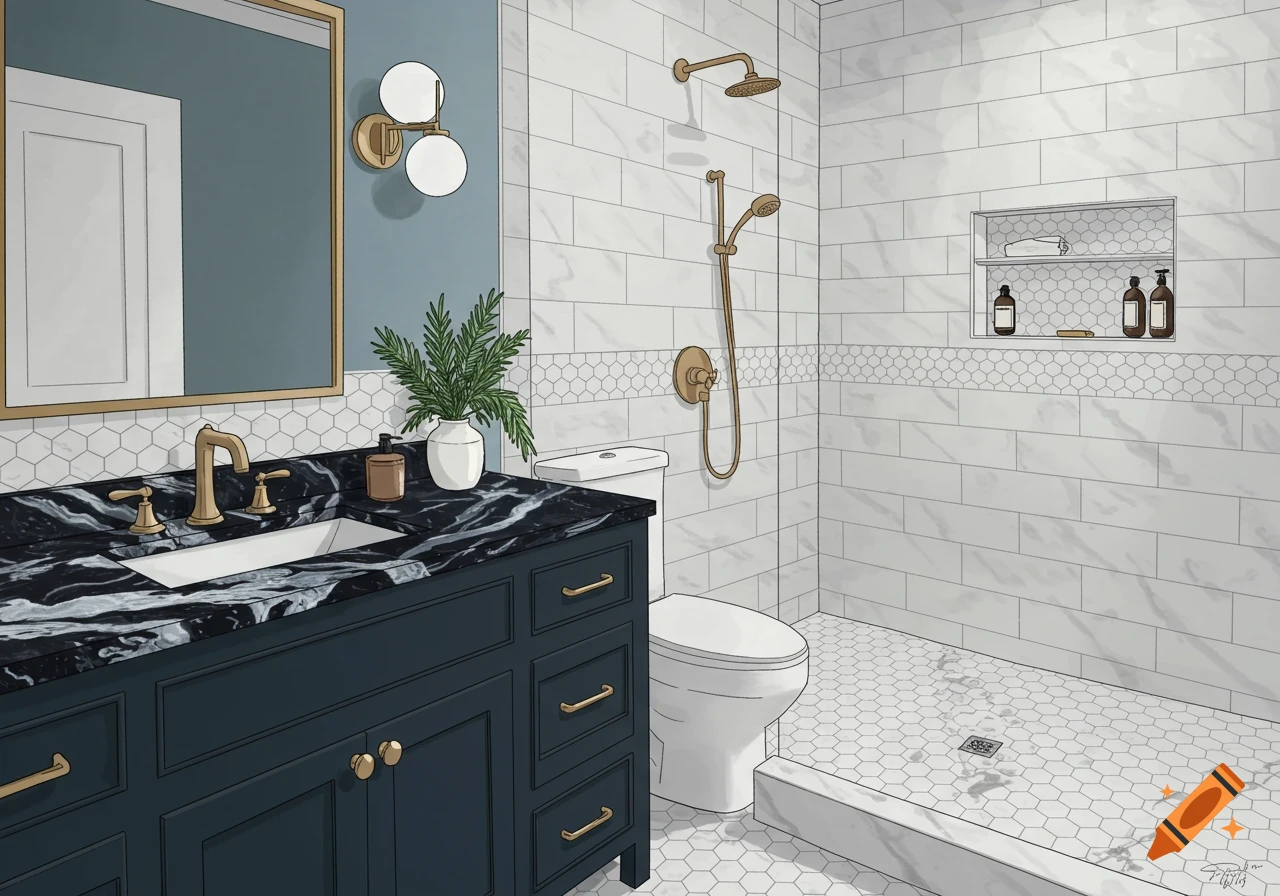 A modern bathroom features a dark blue vanity with a black marble top, a toilet, and a shower with white marble and hexagon tiles.