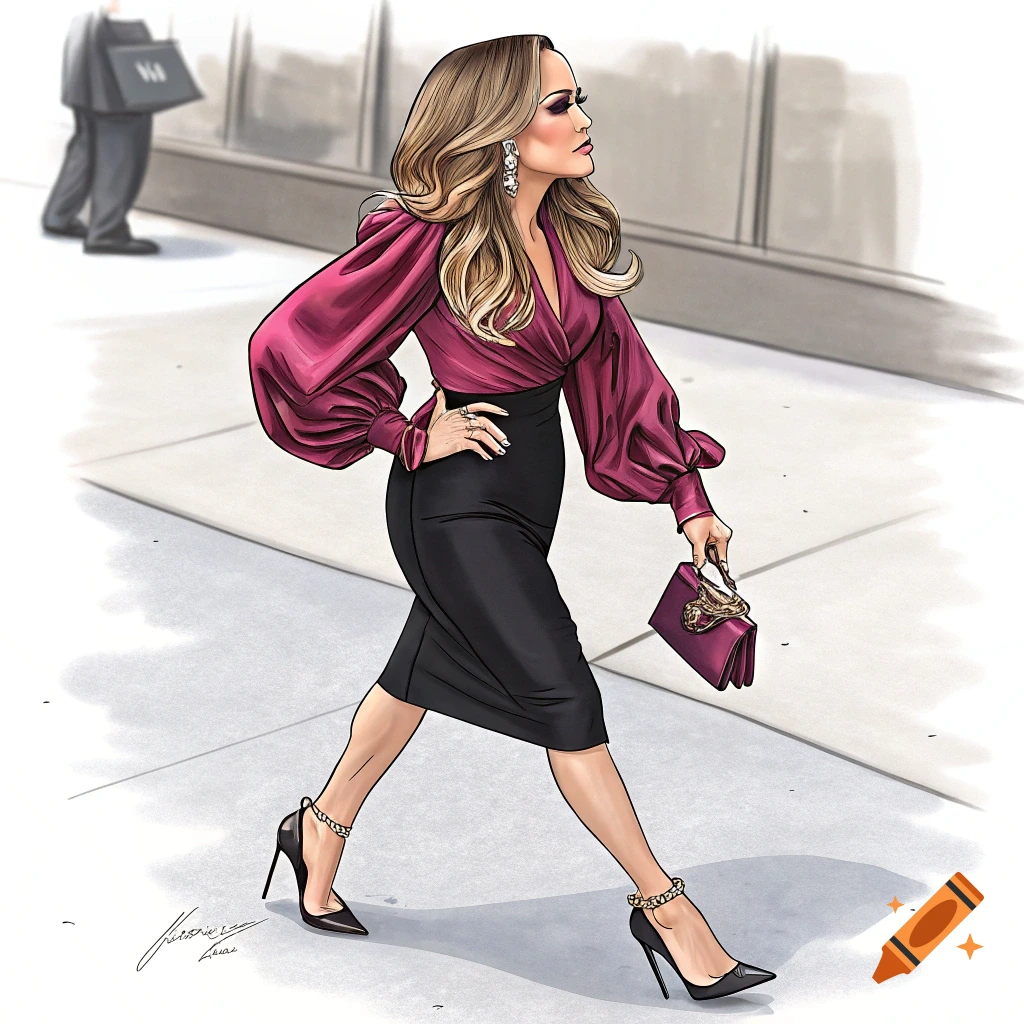 A cartoon caricature of Jennifer Lopez in a pink satin blouse, black pencil skirt, and high heels, walking on a sidewalk.