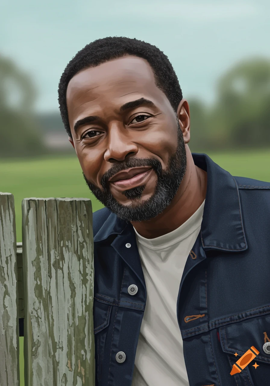 A close-up portrait of a smiling Black man leaning over a wooden fence, wearing a denim jacket, with a blurred green background.