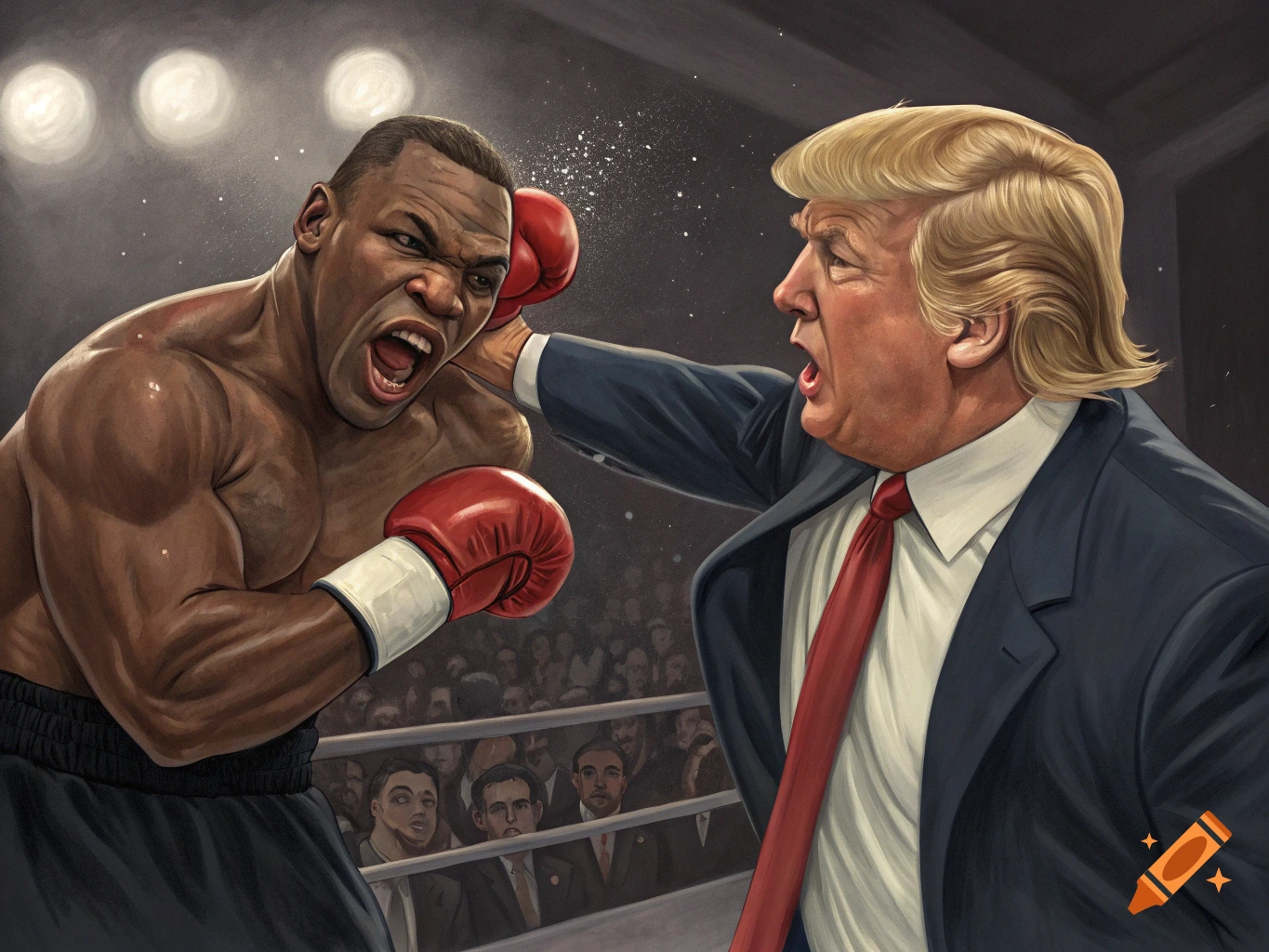Illustrated caricature of Donald Trump punching Mike Tyson in a boxing ring.