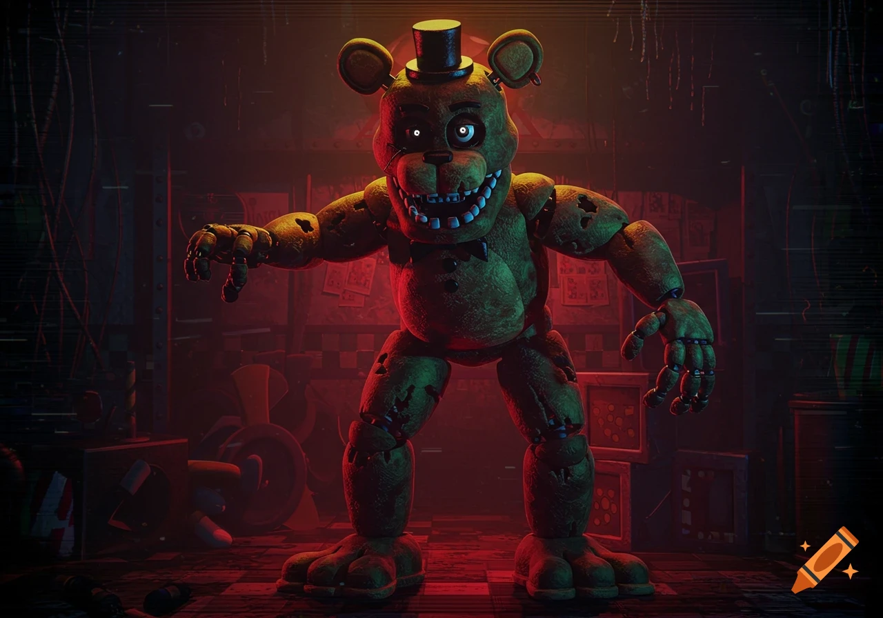 A menacing green animatronic bear with glowing eyes and a top hat stands in a dark, red-lit room with debris.