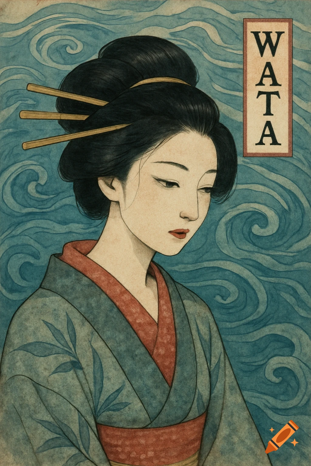 Stylized illustration of a woman in traditional Japanese attire with black hair and a teal kimono, against a backdrop of swirling blue waves.