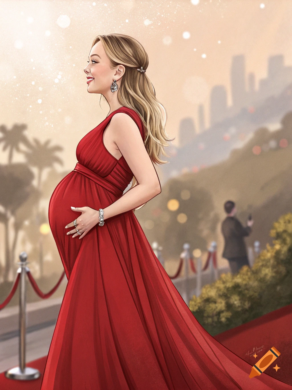 Illustrated profile of a pregnant woman in a flowing red gown smiling on a red carpet with a city skyline in the background.