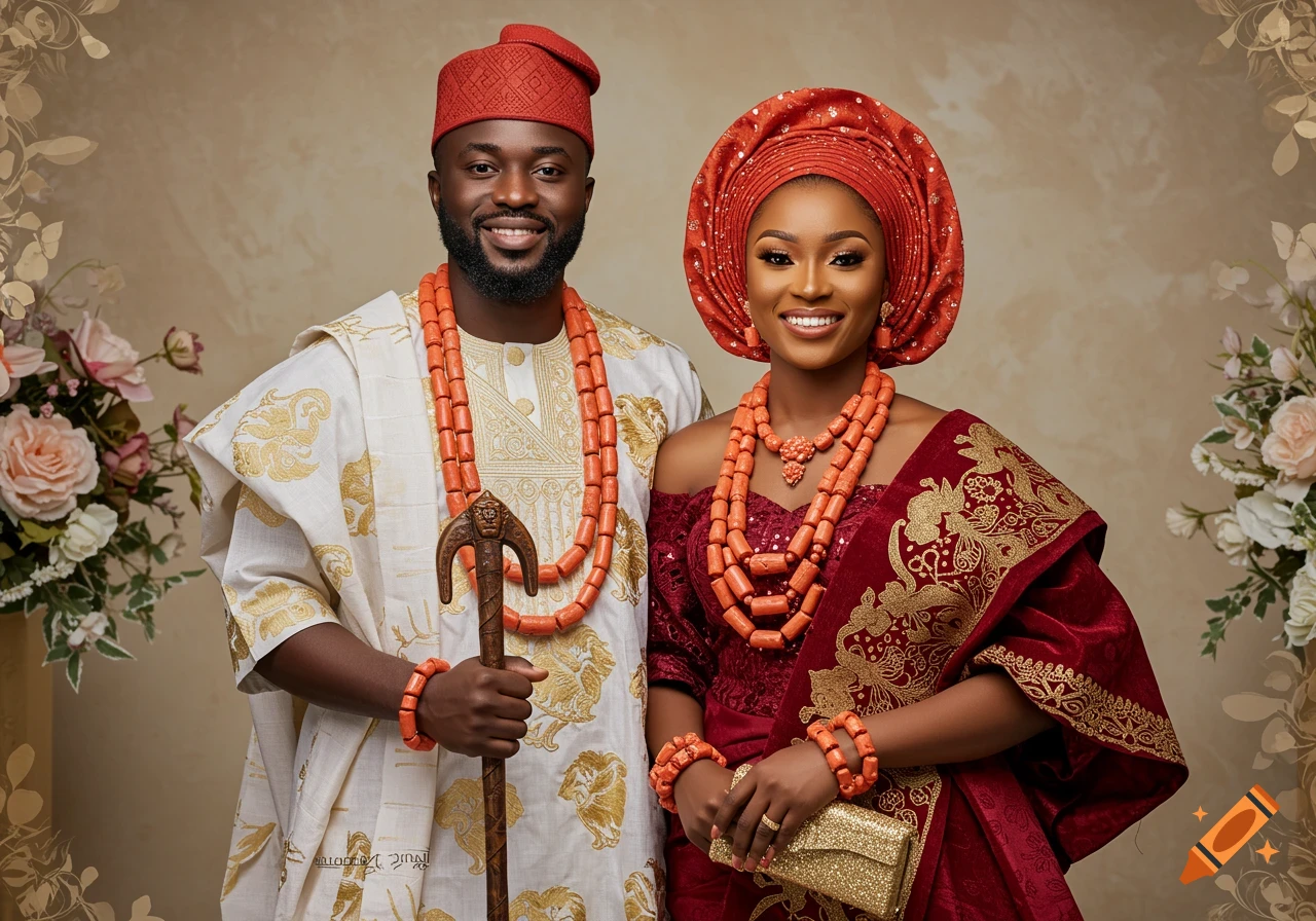 A smiling Nigerian couple in elaborate traditional wedding attire with coral beads and embroidered clothes, standing against a floral backdrop.