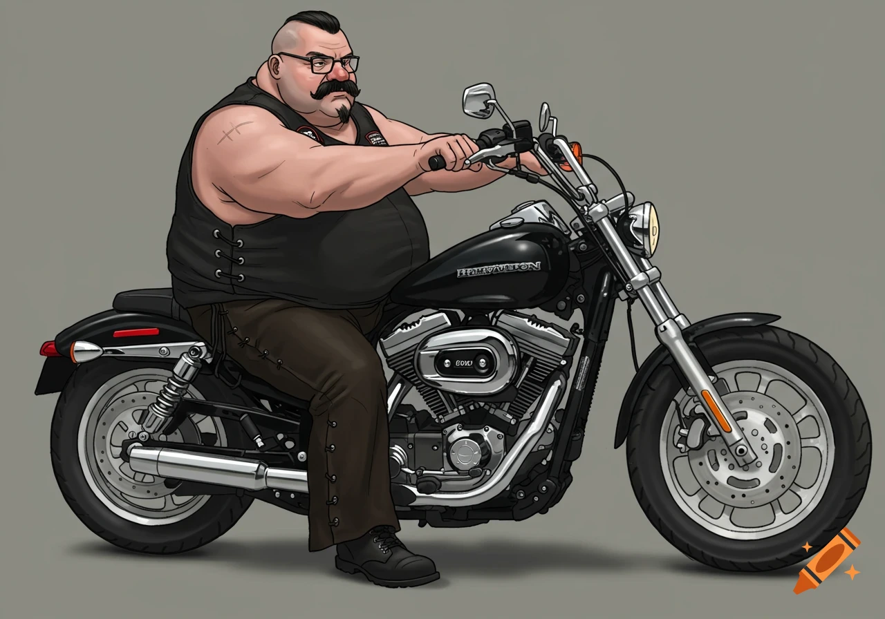 A cartoon illustration of a burly man with a mustache and mohawk, wearing a black vest and chaps, riding a black motorcycle.