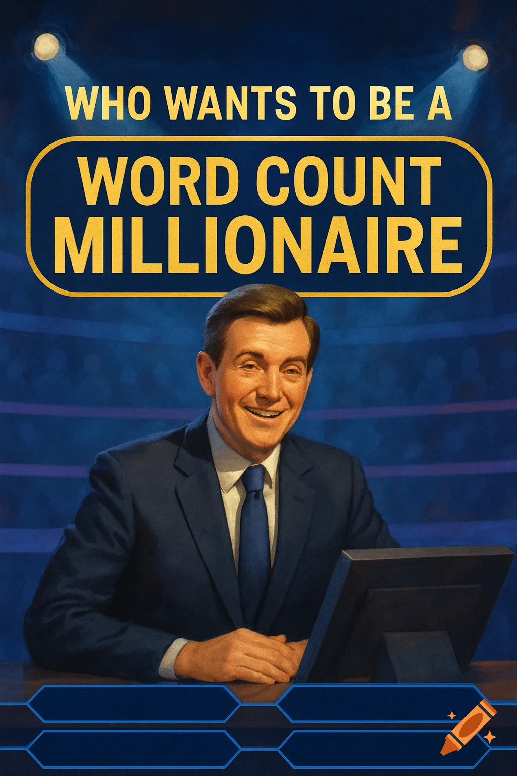 A smiling game show host in a blue suit on a blue stage, with 'WHO WANTS TO BE A WORD COUNT MILLIONAIRE' title.