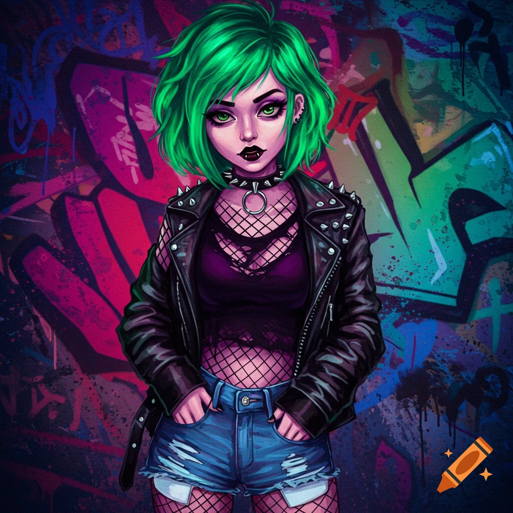 A stylized drawing of a green-haired punk girl in a leather jacket and ripped shorts standing in front of a graffiti wall.