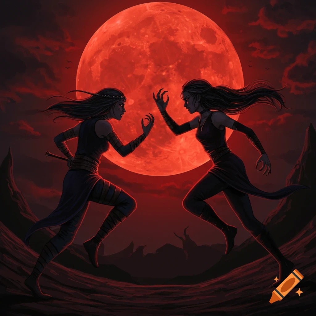 Two female enemies battling under a large red blood moon in a dark fantasy illustration.