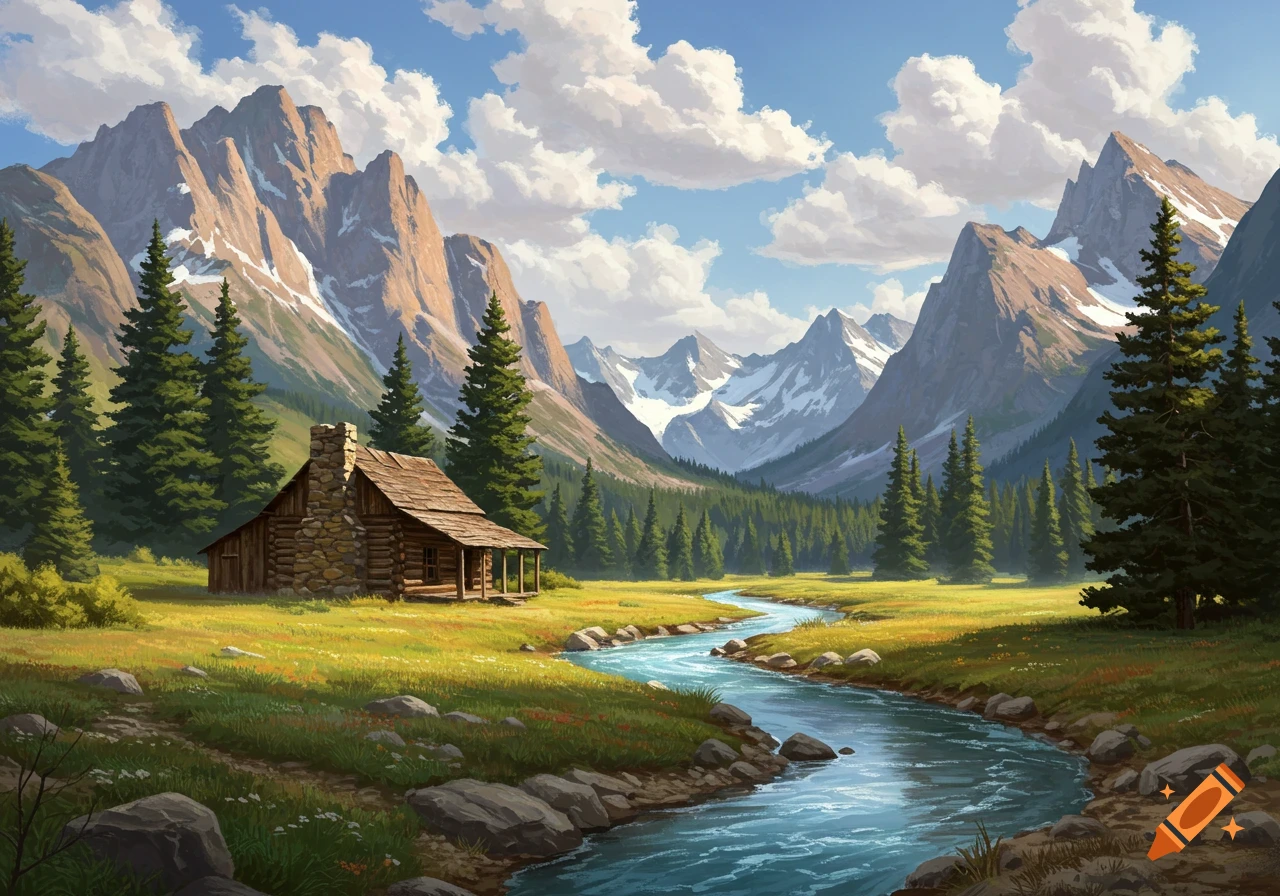 Painterly scene of a rustic wooden cabin by a winding stream in a green valley, surrounded by majestic mountains under a cloudy sky.