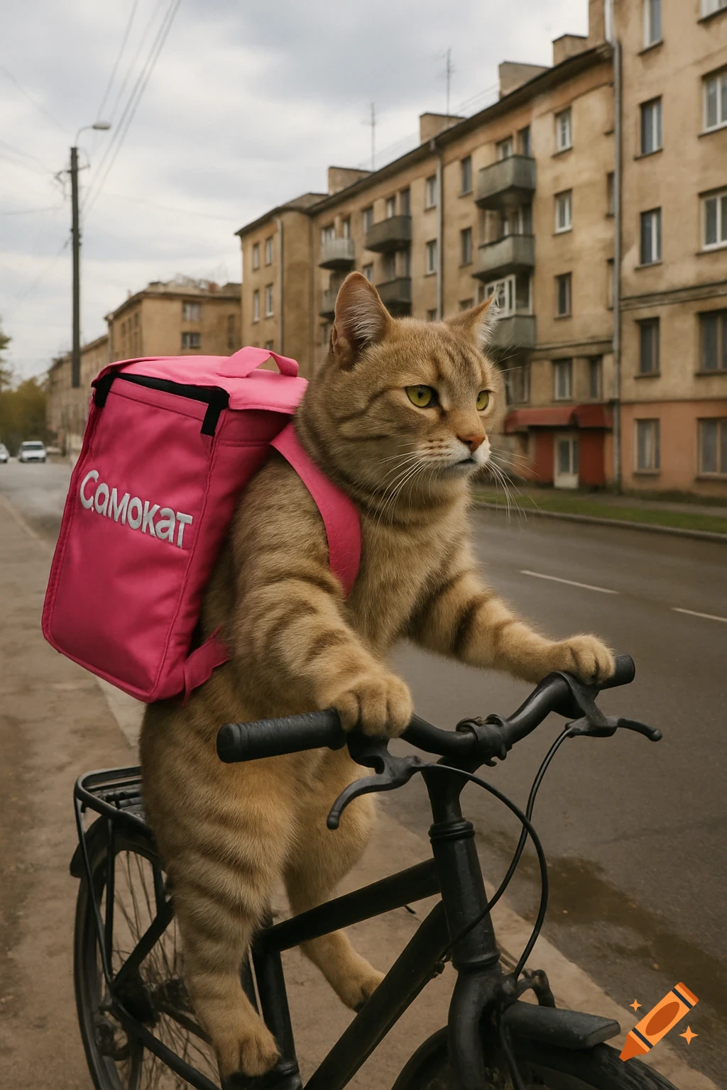 A brown tabby cat rides a bicycle, wearing a pink delivery backpack with the word 'Самокат' on it, on a city street with apartment buildings.