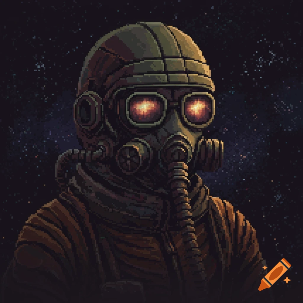 A pixel art portrait of a person in a dark green space helmet with glowing red eyes, a grimdark gas mask, and a brown suit, against a dark, starry background.