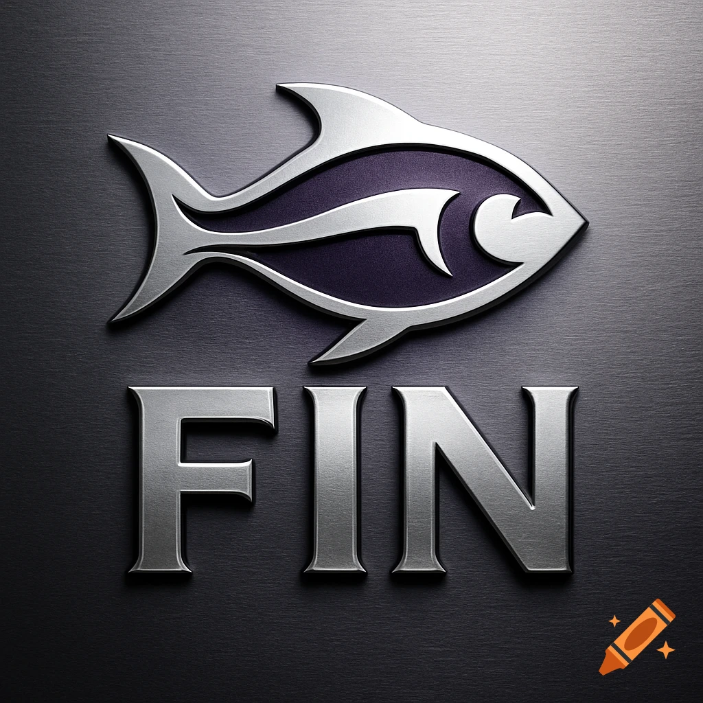 A 3D metallic logo featuring a stylized silver and violet fish above the embossed silver word 'FIN' on a dark brushed metal background.