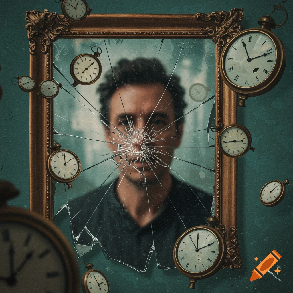 A blurred man's face reflected in a broken, ornate mirror, surrounded by floating pocket watches, in a surreal style.