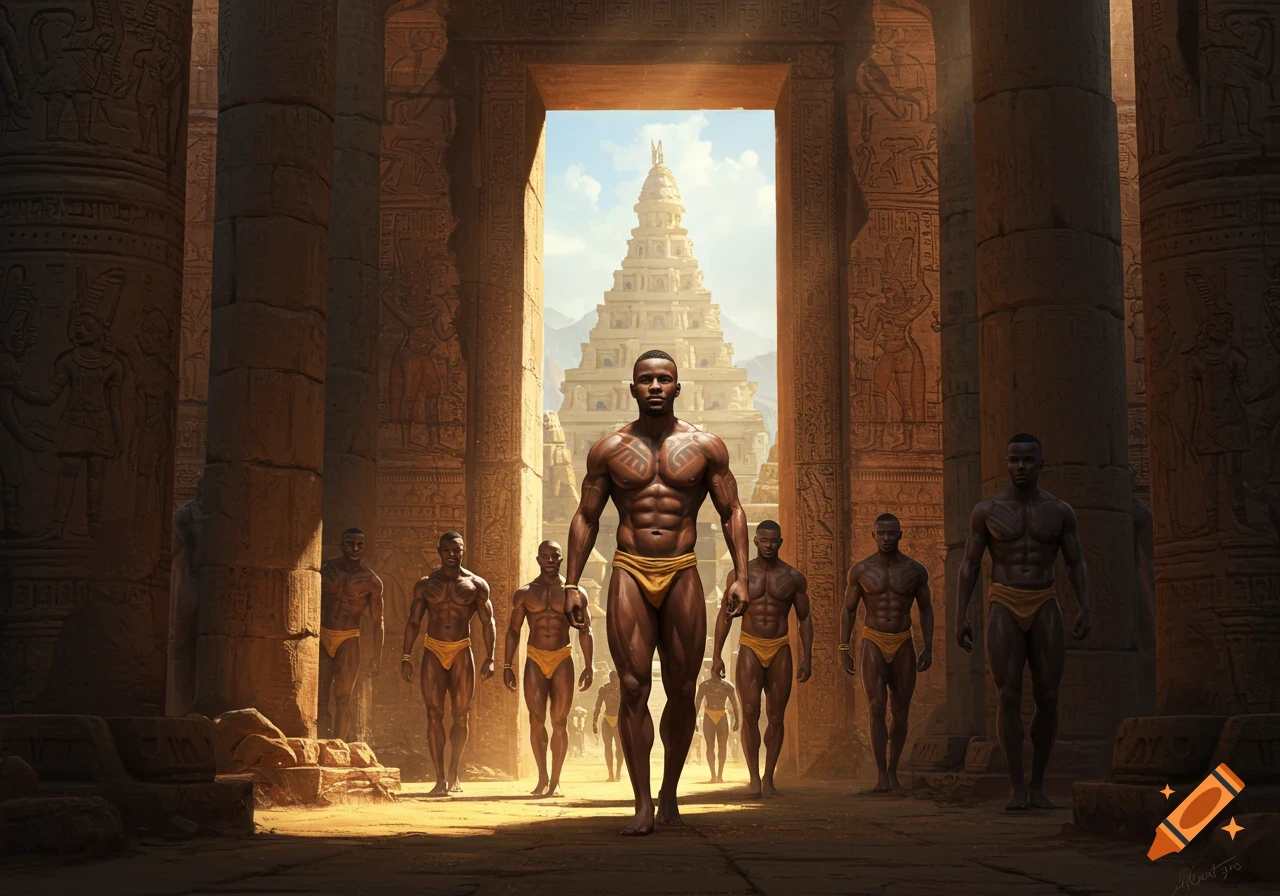 Muscular black men in skimpy briefs stand in an ancient temple with hieroglyph-carved pillars, a towering structure visible in the background.