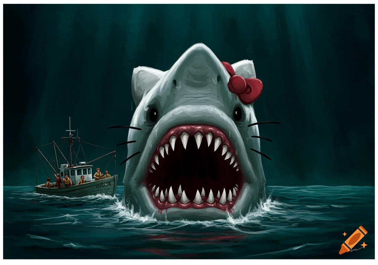 A menacing Hello Kitty shark with a red bow emerges from dark water, teeth bared, near a small fishing boat with people.