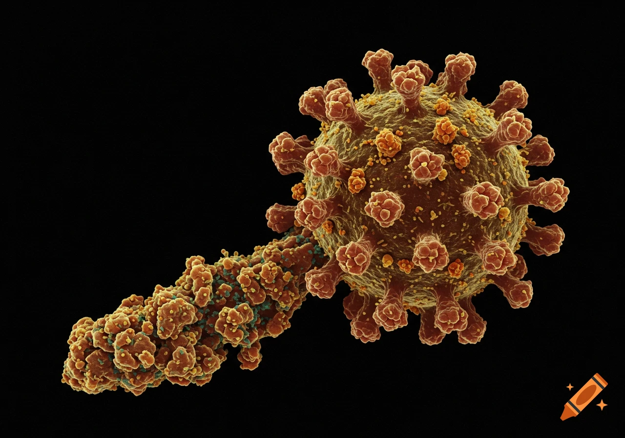 Microscopic rendering of a spiky, spherical virus with an attached tail-like structure against a black background.