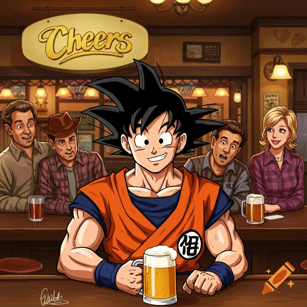 Goku from Dragon Ball sits at a bar, holding a beer mug, with other cartoon characters in a scene resembling the TV show Cheers.