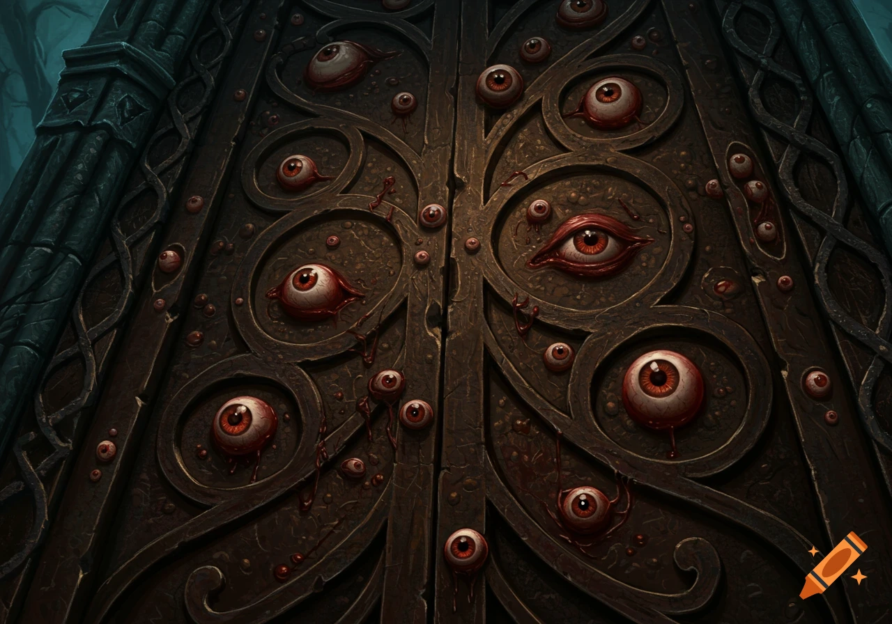 A dark, ornate iron door covered with many grotesque, bloodshot eyeballs, some with red streaks, in a dark fantasy style.
