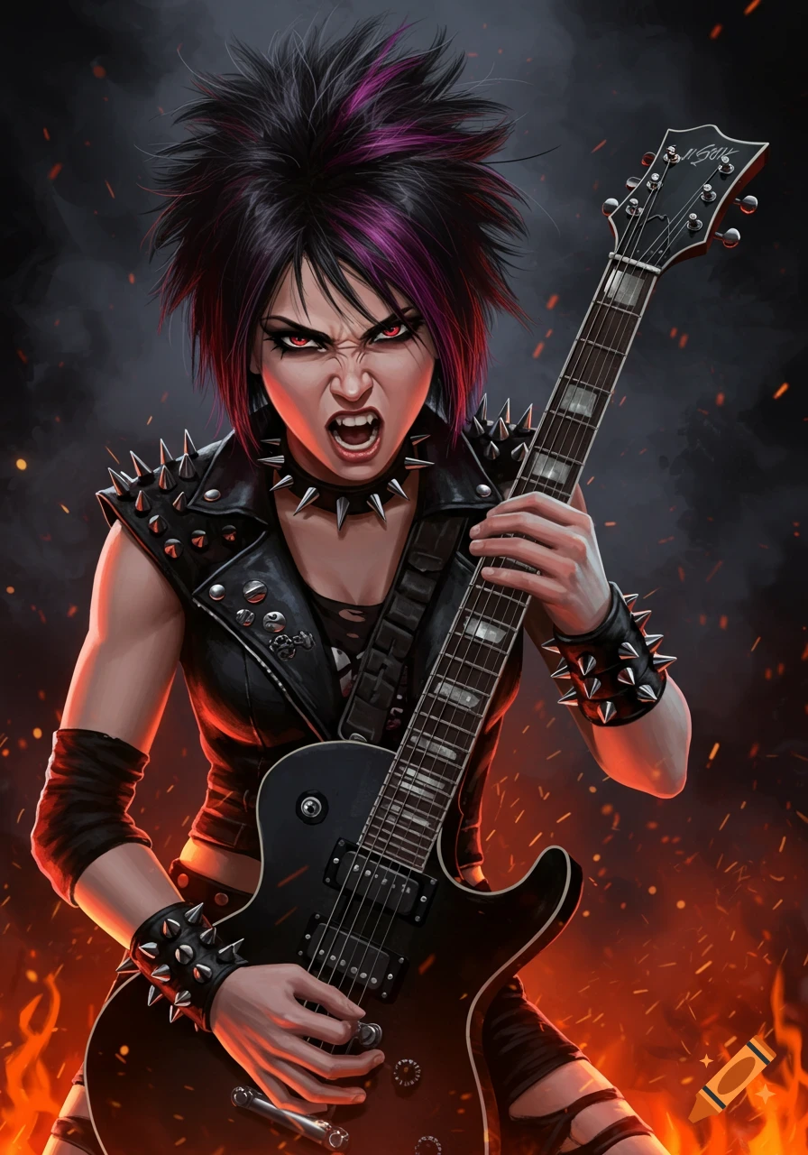 A fierce punk-rock woman with black and purple spiked hair, red eyes, and a studded leather vest, playing a black electric guitar amidst fire.