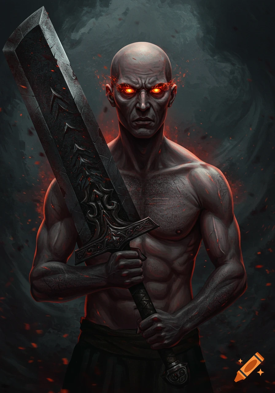 A bald, muscular man with dark skin and glowing orange eyes holds a large, dark sword, surrounded by fiery embers.