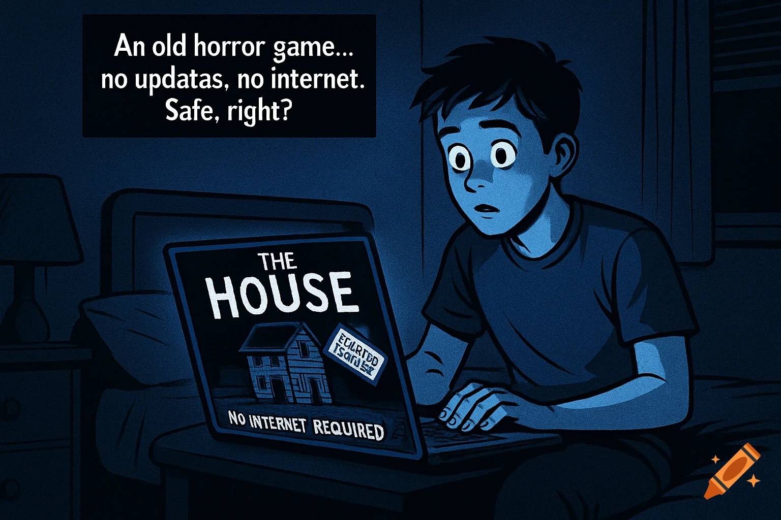 A boy with wide eyes looks at a laptop in a dark room while playing a horror game called 'The House'. Text bubble says 'An old horror game... no updatas, no internet. Safe, right?'