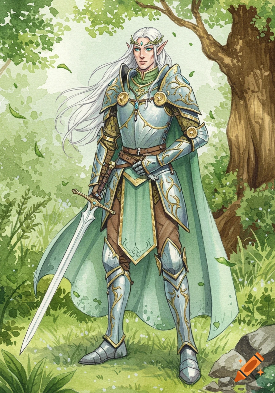 Watercolor illustration of an elf paladin in intricate armor, holding a sword, standing in a lush green forest.
