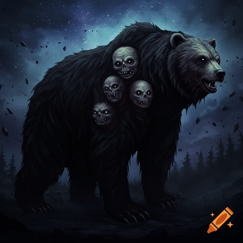 A dark fantasy illustration of a large, black, monstrous bear with four glowing-eyed skulls emerging from its back in a shadowy forest at night.