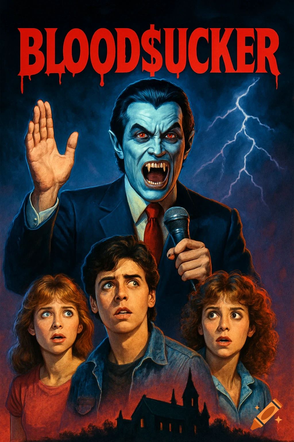A retro 80s horror movie poster for 'BLOOD$UCKER' featuring a blue-faced vampire preacher with fangs, lightning, and three terrified teens below.