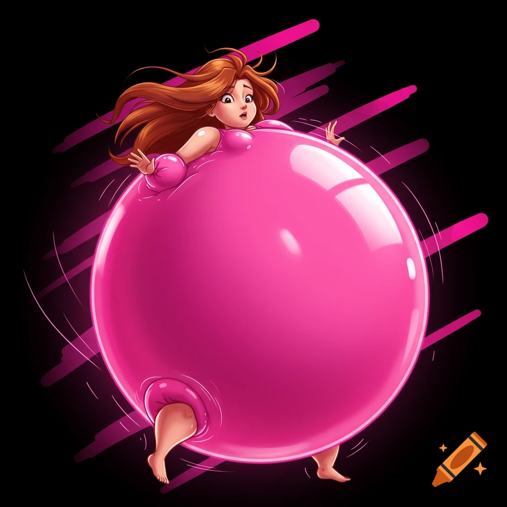 A cartoon woman with long brown hair is inflating into a large, glossy pink balloon, looking surprised with wide eyes and open mouth. Her arms and legs are partially visible, pressed against the expanding pink surface, against a dark background with pink streaks.
