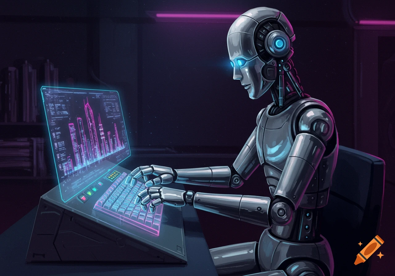 A futuristic robot with glowing blue eyes sits at a neon-lit computer, typing on a keyboard with a screen displaying cybernetic cityscapes and data.