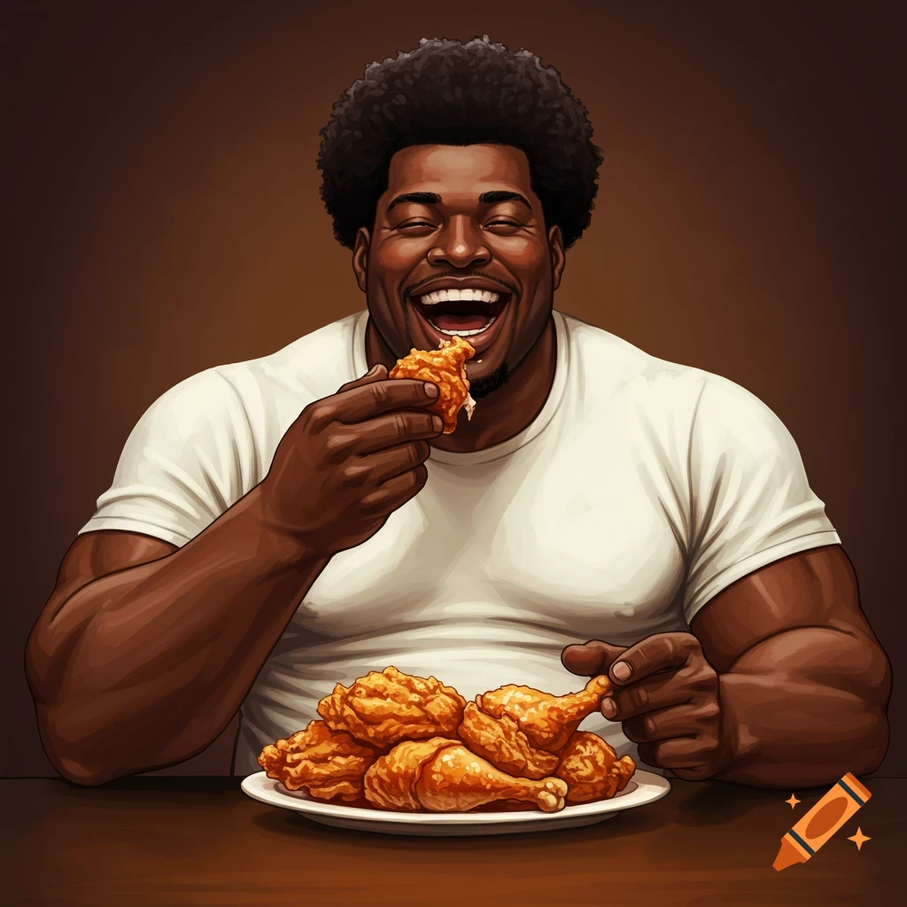 A smiling Black man in a white t-shirt happily eats a piece of fried chicken from a plate filled with more chicken.