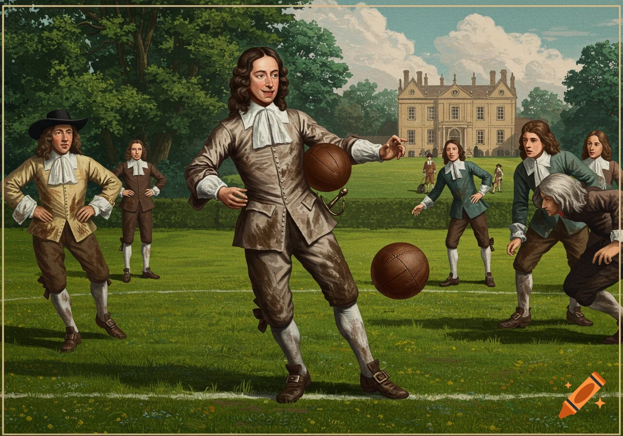 A group of men in 17th-century attire play football on a grassy field in front of a grand manor house, in the style of a classical painting.