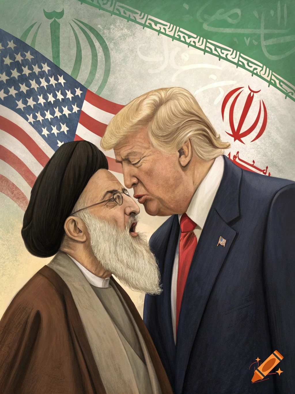 Caricature of Donald Trump and Ali Khamenei nose to nose, with the US and Iranian flags in the background. Trump leans in, while Khamenei appears to be shouting.
