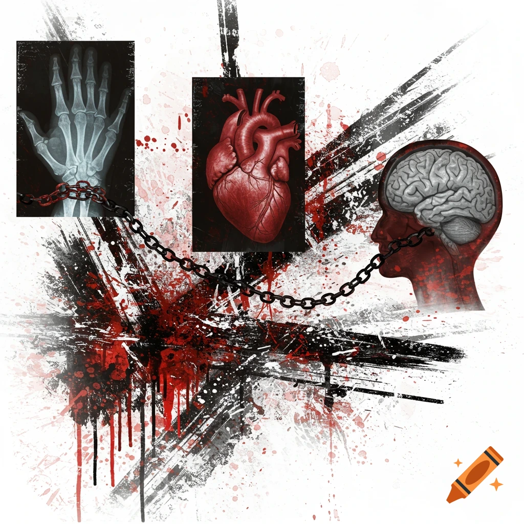 Abstract image with a hand x-ray, anatomical heart, and brain linked by chains, against a grunge background with red and black splatters.