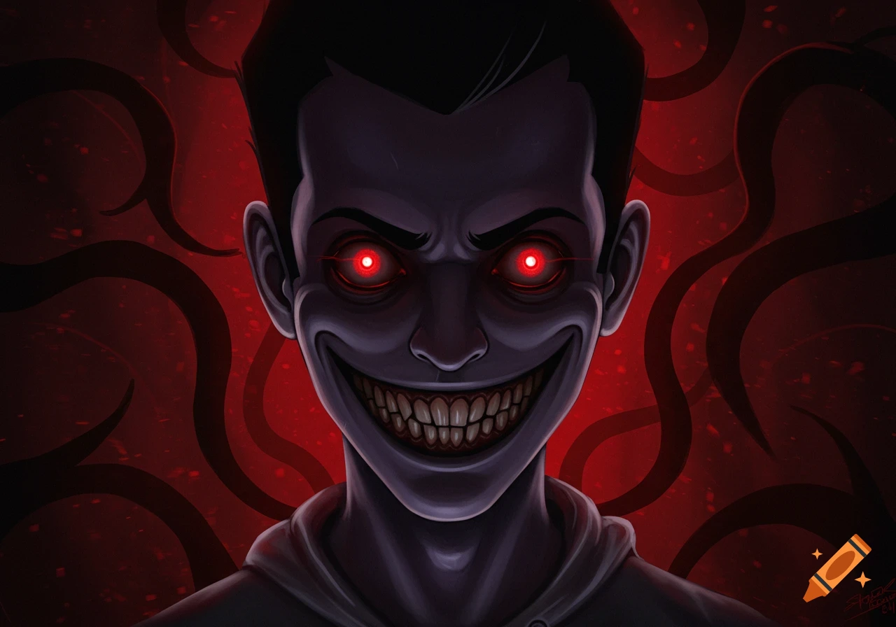 A sinister cartoon character with glowing red eyes and a wide, toothy grin against a dark red, swirling background, in a digital art style.