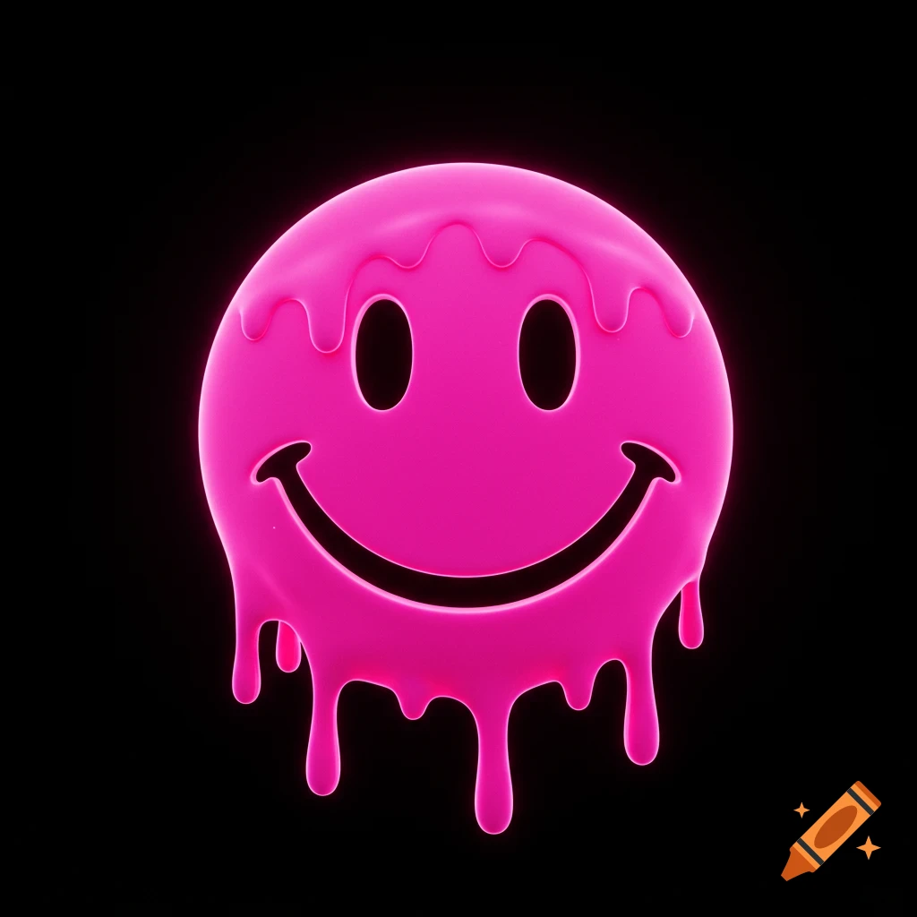A vibrant pink 3D smiley face with a dripping effect, set against a solid black background.