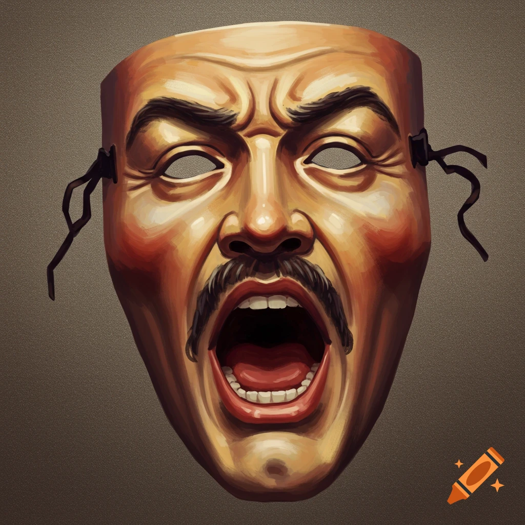 A stylized dramatic mask with a wide-open mouth, appearing to sing, against a textured brown background.