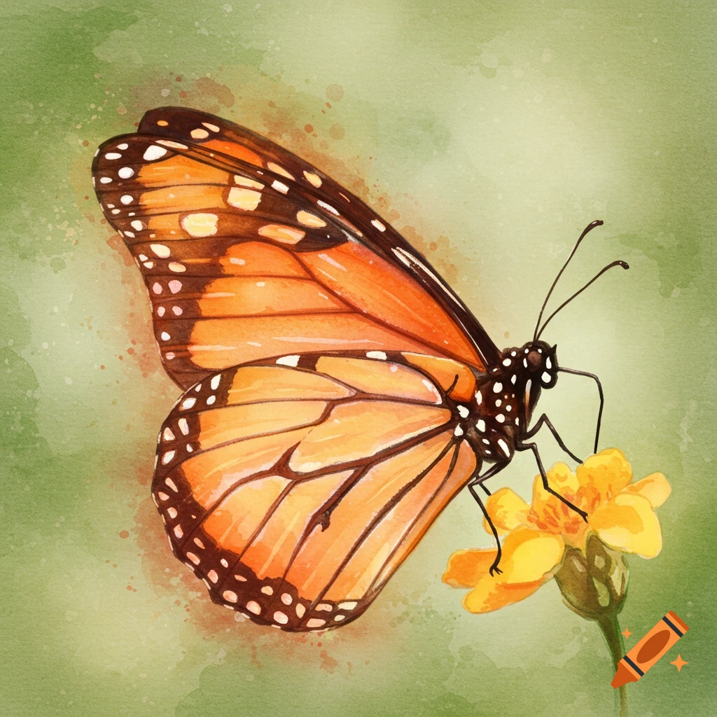 A vibrant orange and black monarch butterfly painted in watercolor style, resting on a yellow flower against a green background.