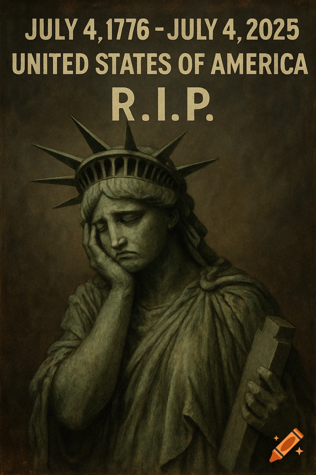 A dark, somber illustration of the Statue of Liberty looking forlorn, her hand resting on her cheek, with the text 'July 4, 1776 - July 4, 2025 United States of America R.I.P.' above her.