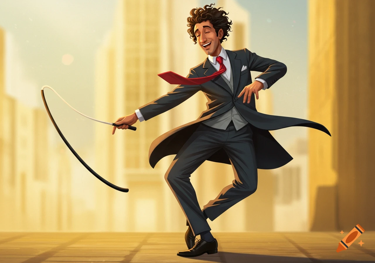 An illustrated man in a dark suit with a red tie smiles and dances, twirling a cane against a blurred city background.