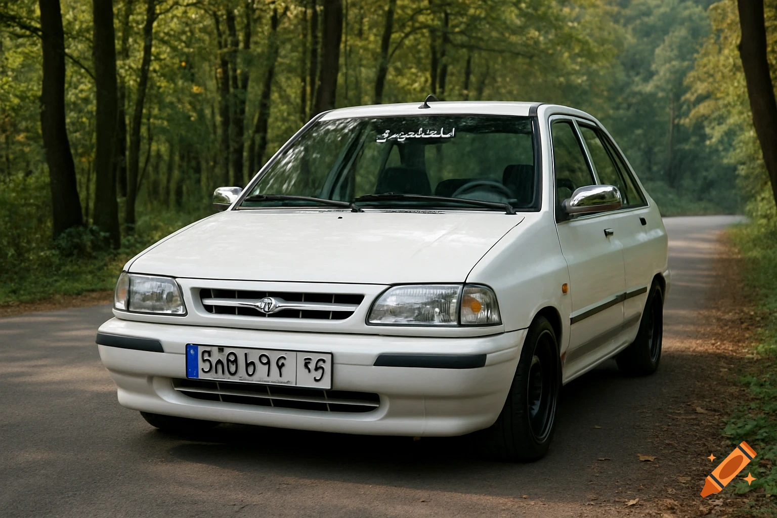 A white Iranian Pride 131 car with chrome mirrors parked on an asphalt road next to a green forest.