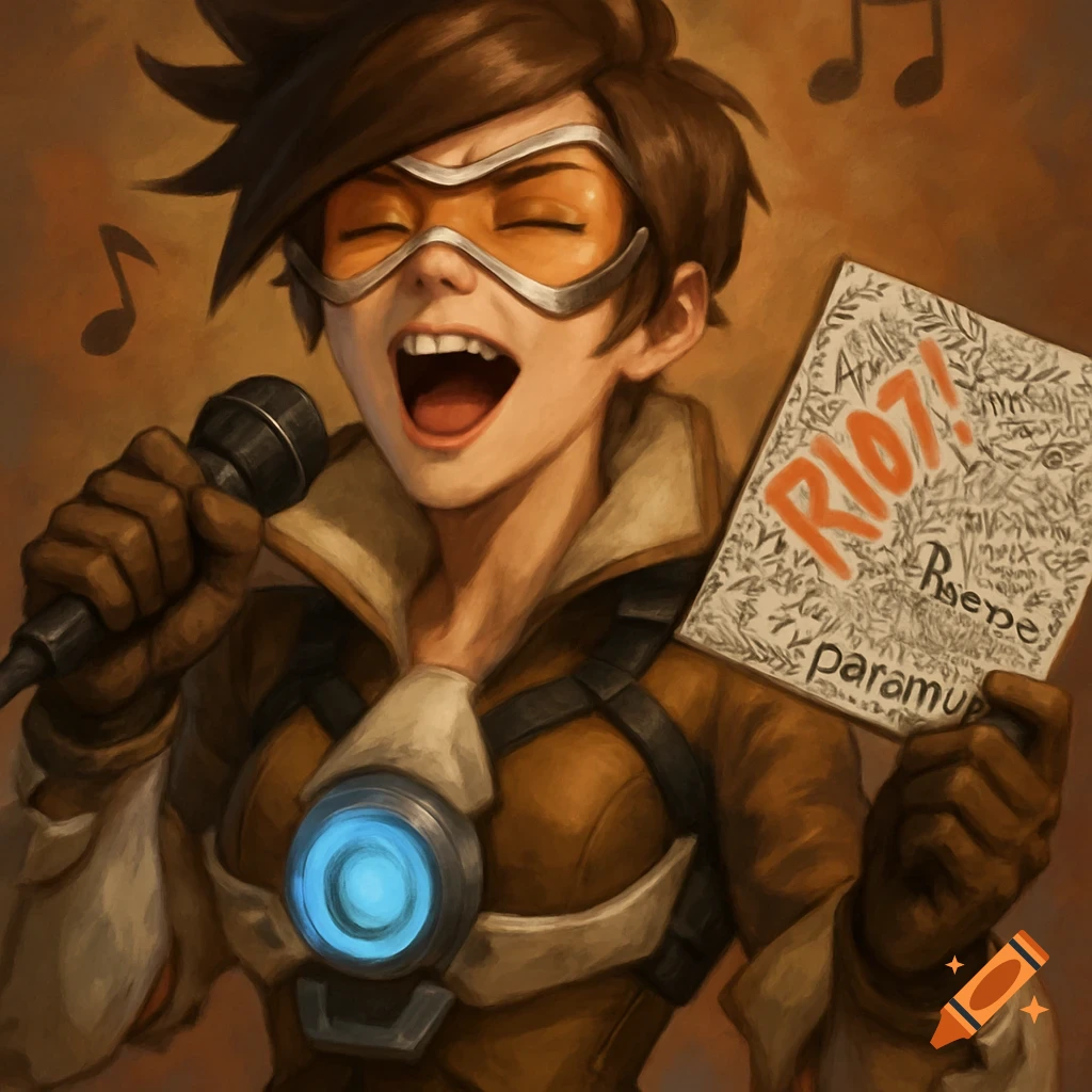 Tracer from Overwatch sings into a microphone, holding a Paramore 'Riot!' album. Stylized digital art.
