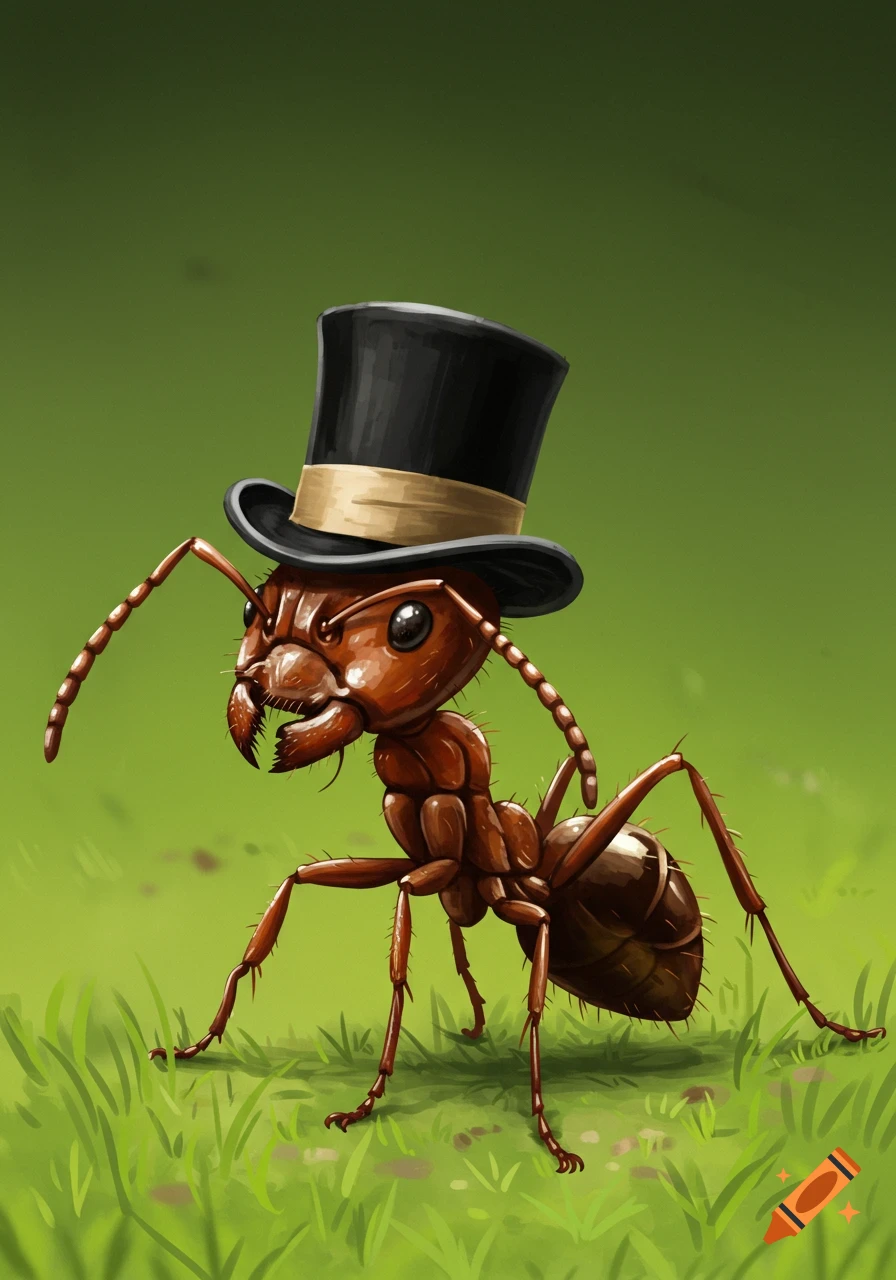A detailed illustration of an ant wearing a black top hat standing on green grass.