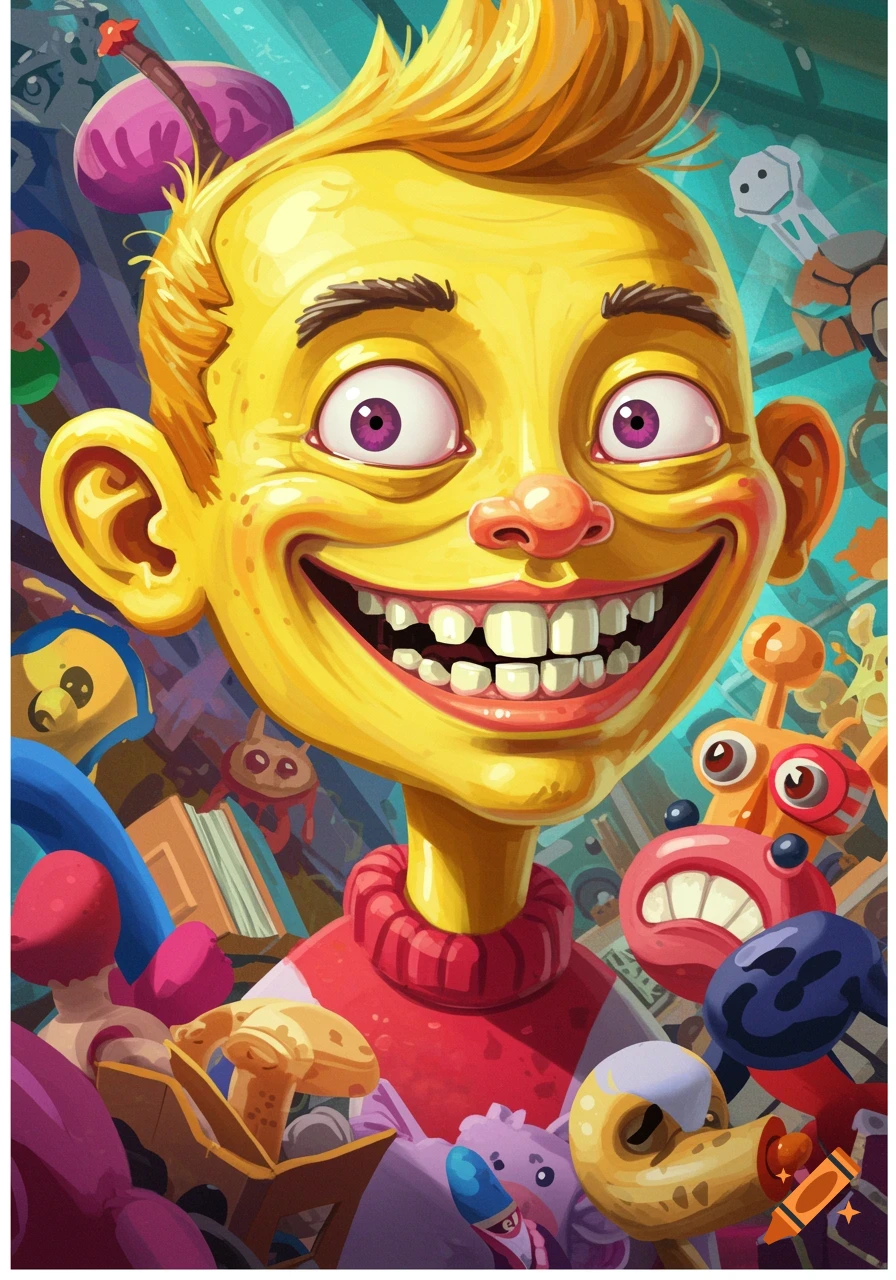 A vibrant cartoon illustration of a yellow-skinned, goofy boy with a wide smile and discolored teeth, surrounded by colorful abstract shapes.