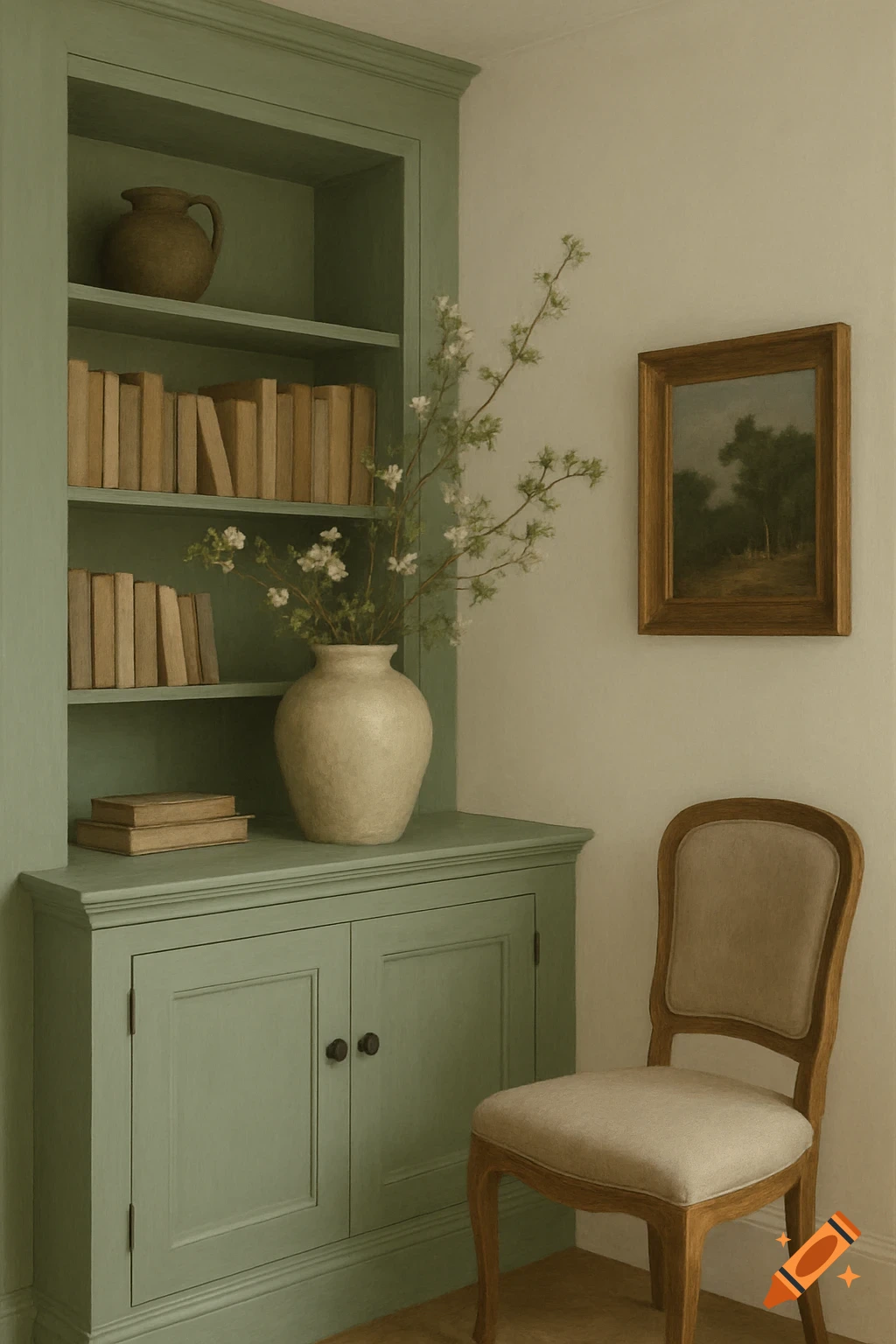 A green built-in bookshelf with books, a vase of flowers, and a pottery jar, next to a chair and framed painting on a light wall.
